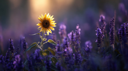 A stunning sunflower stands proudly amidst a field of lavender blooms, capturing the beauty of nature during a tranquil golden hour.の素材