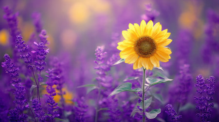 A stunning sunflower stands tall amid a sea of purple lavender blooms, showcasing vibrant colors and tranquil beauty in a scenic outdoor garden.の素材