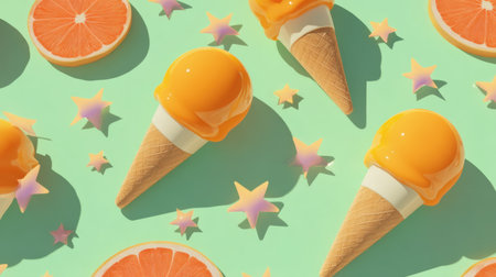 Delight in this playful image featuring vibrant orange ice cream cones surrounded by citrus slices and stars on a mint green background. Perfect for summer themes!の素材