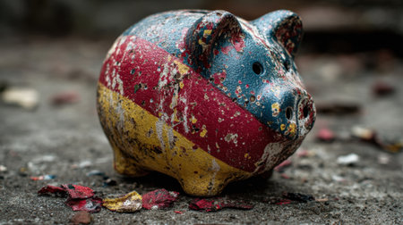 A delightful vintage piggy bank with vibrant colors and charming patterns, showcasing wear and history, ideal for financial or nostalgic themes.の素材