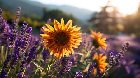A stunning sunflower stands out in a field of lavender, illuminated by warm golden light, creating a picturesque and serene nature landscape.の素材
