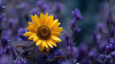 A stunning single sunflower stands out with its bright yellow petals amidst a backdrop of rich purple blooms in a serene garden, radiating beauty and vibrant colors.の素材