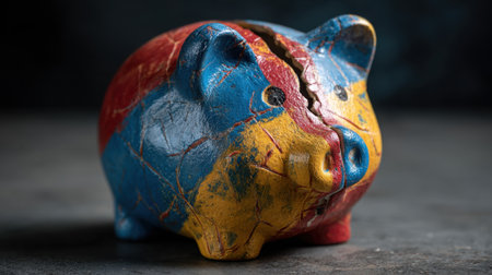 A charming vintage piggy bank with vibrant colors and a visible crack sits against a dark surface, symbolizing playful financial saving.の素材
