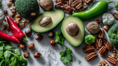 A stunning arrangement of fresh vegetables and nuts showcases vibrant colors and textures, ideal for promoting healthy eating and culinary inspiration.の素材