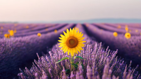 A striking sunflower stands tall in a vibrant field of lavender flowers, creating a captivating scene of nature's beauty at sunrise.の素材