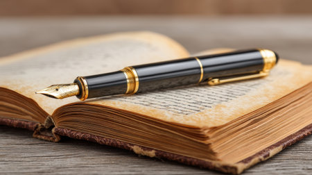 A beautifully crafted fountain pen lies on an open antique book, showcasing the intricate details of the nib and weathered pages, perfect for writers and literature lovers.の素材