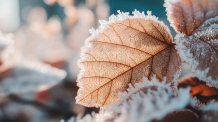 Delicate frosty leaves bathed in soft morning sunlight, showcasing intricate textures and natural beauty during the winter season.の素材