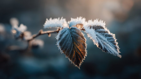 Close-up of frost-covered leaves glistening in the soft morning light, showcasing intricate ice crystals against a blurred background for a serene winter ambiance.の素材