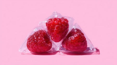 A captivating close-up of fresh raspberries nestled in plastic packaging against a bright pink backdrop, ideal for illustrating health, flavor, and vibrant aesthetics in food photography.の素材