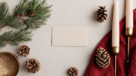 This elegant holiday flat lay features pine branches and cones, gentle candles, and rich red cloth, creating a cozy and festive atmosphere.の素材