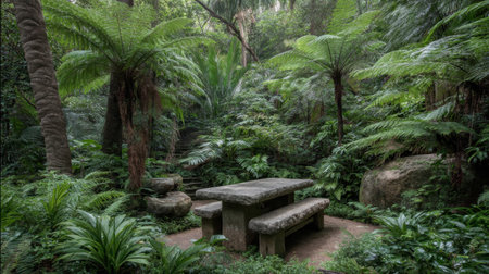 Discover a tranquil outdoor space featuring a stone table and benches surrounded by vibrant greenery and towering ferns, ideal for relaxation and gatherings.の素材