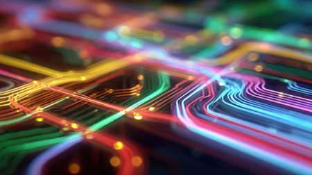 This vibrant abstract image features illuminated circuit board pathways in various colors, representing technology and digital connections, perfect for modern themes.の素材