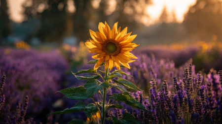 A stunning sunflower stands tall amid a lush lavender field at sunset, capturing the essence of summer and nature's vibrant colors.の素材