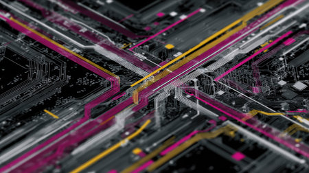 Intricate design of a circuit board featuring colorful lines and patterns, representing modern technology and digital innovation. Perfect for digital themes.の素材