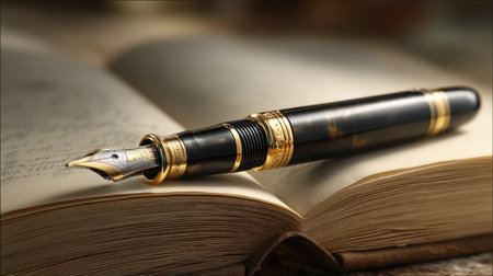 This image features an elegant fountain pen delicately placed on an open book, highlighting the art of writing and inspiration.の素材