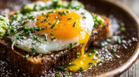 A beautifully presented egg on toast, topped with fresh chives and a flavorful green sauce, perfect for breakfast or brunch.の素材