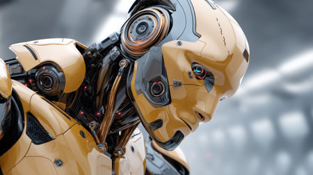 Close-up view of a futuristic humanoid robot showcasing intricate features and advanced technology, emphasizing design and innovation in mechanical engineering.の素材