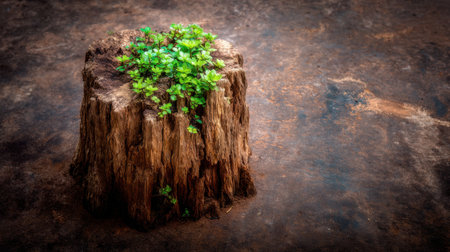 A captivating scene of a small green plant growing on an old tree stump, showcasing nature's resilience and beauty amid a rustic background.の素材