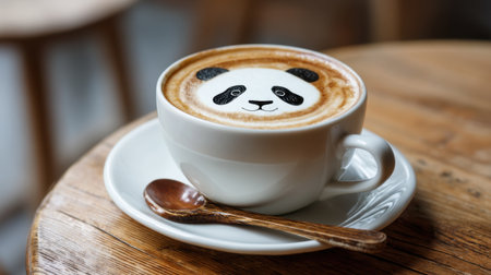 A charming latte art featuring a cute panda on top of creamy coffee in a white cup placed on a rustic wooden table, evoking warm feelings.の素材