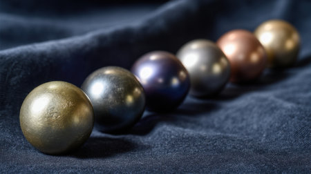 A stunning arrangement of metallic spheres in various colors sits atop a soft blue fabric, offering a perfect blend of elegance and artistic design for home decor.の素材
