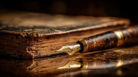 A detailed view of an antique journal and elegant fountain pen resting on a polished table. Soft reflections and warm lighting create a cozy atmosphere, enhancing the beauty of the craftsmanship.の素材