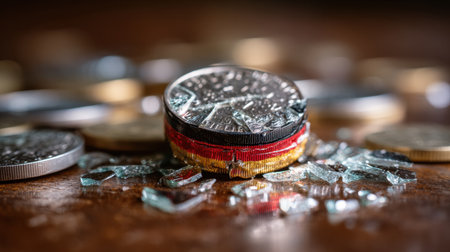 A close-up view of a shiny coin surrounded by broken glass on a wooden surface, capturing a moment symbolizing economic loss and ruin.の素材