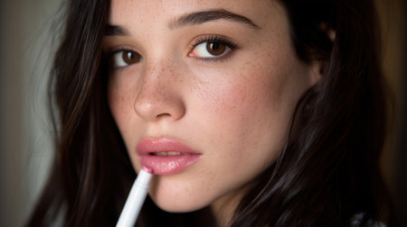 A close-up portrait of a young woman with stunning freckles and soft natural makeup, thoughtfully holding a pen, exuding elegance.の素材