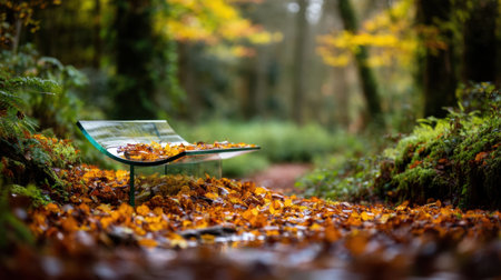 A peaceful scene of a transparent glass bench surrounded by a carpet of autumn leaves in a forest, showcasing vibrant colors and serene nature.の素材