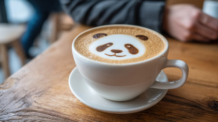A delightful cup of panda-themed latte art sits on a rustic wooden table, creating a cozy atmosphere perfect for coffee lovers and friends.の素材