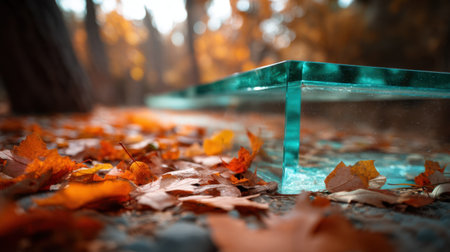 A unique glass structure placed among vibrant autumn leaves captures the essence of nature beauty. The warm colors and soft focus create a tranquil, artistic atmosphere perfect for inspiring creativity.の素材