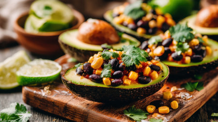 Vibrant avocado halves filled with a mix of black beans, corn, and salsa, garnished with fresh cilantro and lime slices, perfect for a healthy meal.の素材