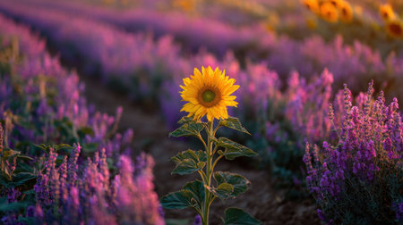 A stunning sunflower stands tall in a picturesque field of lavenders, illuminated by the warm glow of sunset, creating a tranquil and colorful scene.の素材
