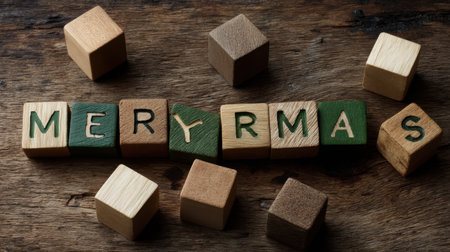 A charming display of wooden blocks spelling out "Merry Christmas" on a rustic table, evoking warm festive feelings and seasonal cheer.の素材