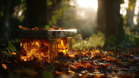A beautiful wooden bench glows softly, surrounded by a carpet of colorful autumn leaves in a tranquil forest at sunset.の素材
