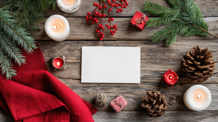 This warm and inviting festive arrangement showcases candles, pinecones, red berries, and a blank card, perfect for holiday greetings.の素材