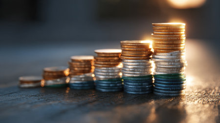 Discover the beauty of financial growth with stacks of coins symbolizing wealth and investment potential. This macro photography image captures the essence of prosperity and economic success.の素材