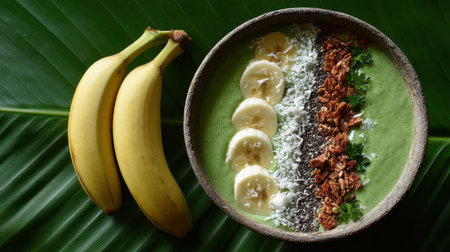 A vibrant green smoothie bowl garnished with banana slices, coconut flakes, and granola, served on a tropical leaf backdrop.の素材