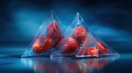Fresh raspberries are beautifully arranged in geometric transparent packaging against a soft blue background, perfect for culinary art and health themes.の素材
