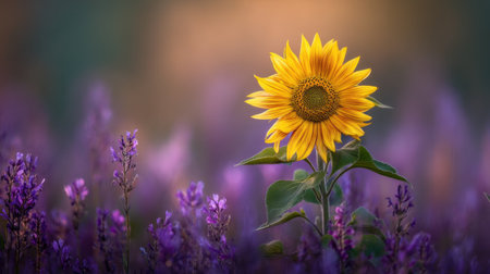 A stunning sunflower stands tall in a field of lavender, illuminated by gentle evening light, showcasing nature's vibrant harmony and beauty.の素材