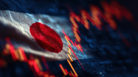 Close-up view of the Japanese flag texture intertwined with financial graphs and data, representing economic trends and trading concepts.の素材