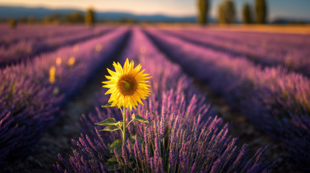 A stunning sunflower stands tall among rows of blooming lavender under warm sunset light. This peaceful rural scene captures the beauty of nature.の素材