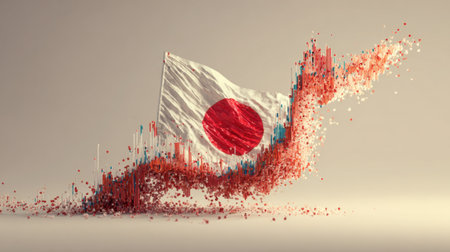 The image portrays an abstract interpretation of the Japanese flag using colorful particles, symbolizing cultural identity and modern artistic expression.の素材