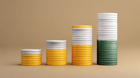 This image showcases a series of stacked coins in warm tones, symbolizing financial growth and investment progress against a neutral background.の素材