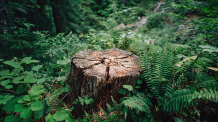 A captivating view of a tree stump amidst rich green foliage and delicate ferns, showcasing the beauty of nature and forest ecology.の素材