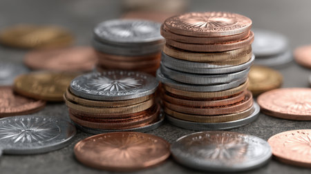A captivating arrangement of stacked coins shows various metallic hues, ideal for themes of finance, investment, and savings illustrating wealth.の素材