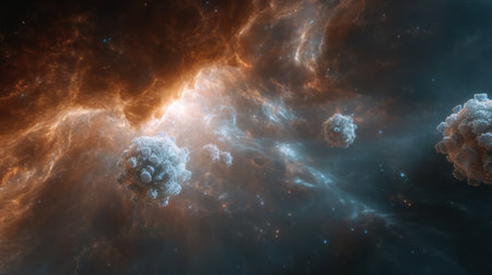 A mesmerizing cosmic scene features floating particles amidst a vibrant nebula, showcasing the beauty and mystery of space with vivid colors and dynamic light.の素材