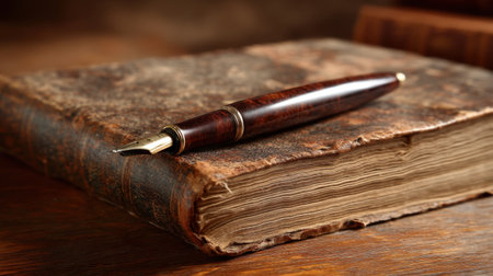A close-up view of an antique book paired with a classic fountain pen on a rustic wooden table, showcasing elegance and historical charm.の素材
