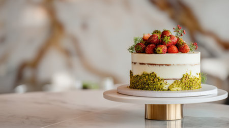A beautiful white cake adorned with fresh strawberries and crushed pistachios, elegantly presented on a modern stand, perfect for celebrations.の素材