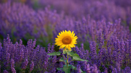 A stunning solo sunflower radiates its bright yellow hue against a backdrop of lush purple lavender. This picturesque scene captures the beauty of nature during vibrant blooming seasons, showcasing delicate petals under golden hour sunlight.の素材