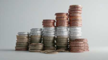 A collection of stacked coins showcases different colors and sizes, symbolizing wealth and investment growth in a minimalistic design. Ideal for finance-related themes.の素材